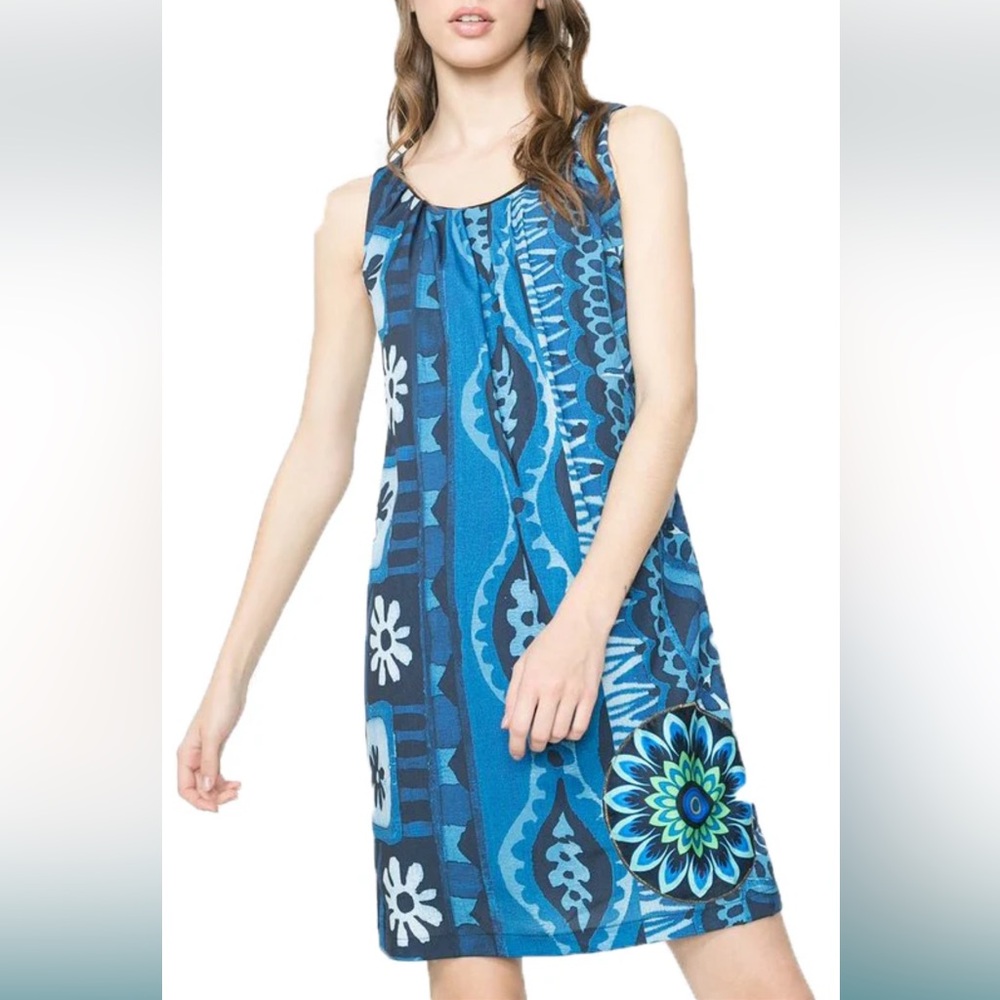 Desigual Blue Vibrant Print Women's Magic Floaty Dress Size 38 Small